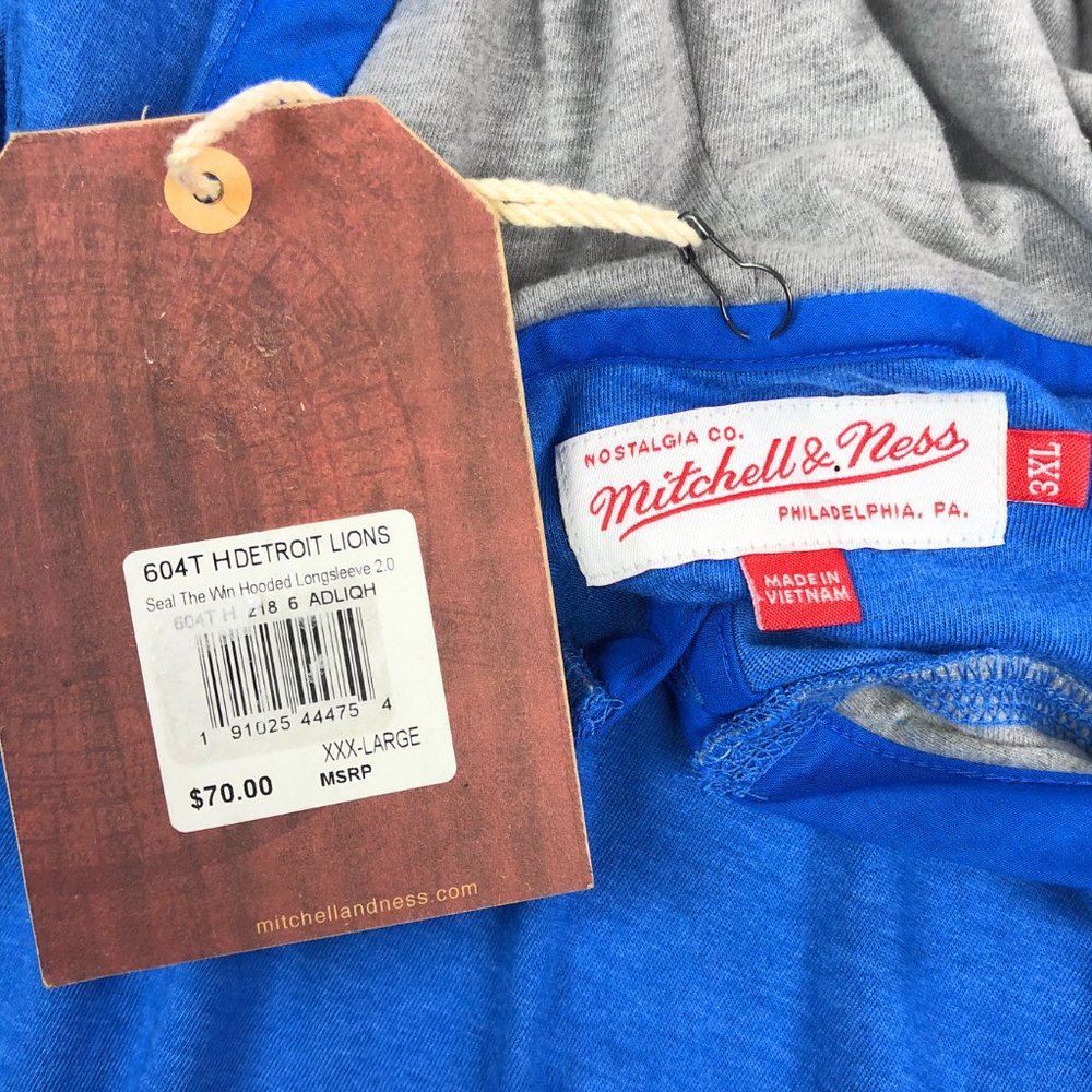 Detroit Lions Mitchell & Ness Mens 3XL NFL Throwback Long Sleeve Hooded Shirt - Picture 6 of 10